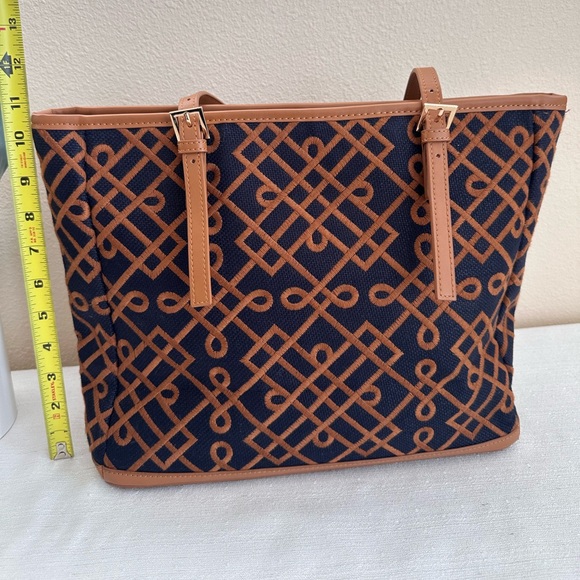 New Spartina 449 Mareena Avery Navy/Tan Leather/ Natural Linen Tote Purse - Picture 4 of 13